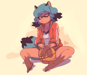 5_fingers 5_toes anthro ball barefoot basketball_(ball) bottomless bottomless_anthro bottomless_female clothed clothing convenient_censorship crossed_arms feet female fingers fur hair jacket looking_aside looking_away mouth_closed pouting shirt sitting soles solo spread_legs spreading toes topwear edtropolis brand_new_animal studio_trigger michiru_kagemori canid canine humanoid mammal raccoon_dog tanuki 2024 hi_res signature