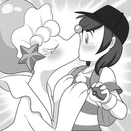 anthro backpack blush clothing duo eyelashes eyes_closed female female_on_human hair hat headgear headwear human_on_anthro interspecies kiss_on_lips kissing male male_on_anthro pokeball pokephilia starfish_(accessory) surprise_kiss lonbluewolf nintendo pokemon elio_(pokemon) aquatic asterozoan echinoderm generation_7_pokemon human mammal pinniped pokemon_(species) primarina starfish 1:1 digital_drawing_(artwork) digital_media_(artwork) greyscale halftone hi_res monochrome