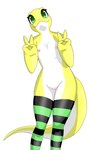 4_fingers anthro areola breasts clothing double_v_sign female fingers genitals gesture green_eyes hand_gesture legwear mostly_nude nipples non-mammal_breasts pattern_clothing pussy simple_background small_breasts smile solo standing striped_clothing stripes tail thigh_highs v_sign yellow_body lagartixamesmo heveli gecko lizard reptile scalie hi_res