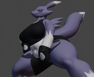anthro athletic_wear big_breasts bottomwear bra breasts clothing dipstick_tail female fingerless_gloves fur gloves grey_body grey_fur gym_bottomwear gym_shorts handwear markings muscular shorts slightly_chubby solo sports_bra tail tail_markings thick_thighs underwear white_body white_fur anaroth bandai_namco digimon canid digimon_(species) mammal renamon 3d_(artwork) digital_media_(artwork) hi_res