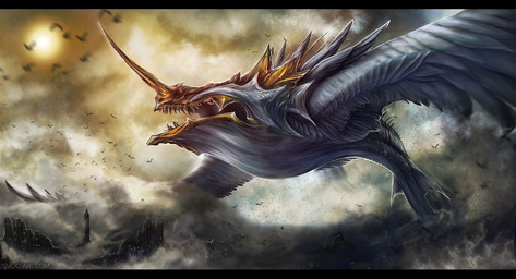 black_bars detailed_background feathered_wings feathers feral flying fog open_mouth sky solo sun teeth wings isvoc final_fantasy square_enix digital_media_(artwork)