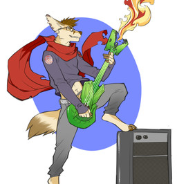 5_fingers amp amplifier anthro barefoot biped bottomwear brown_body brown_fur brown_hair brown_nose clothed clothing electric_guitar eyewear fangs feet fingers fire fur glasses guitar hair inner_ear_fluff male musical_instrument navel pants playing_guitar playing_music plucked_string_instrument raised_leg scarf shirt smile solo standing string_instrument teeth topwear tuft faint canid canine fox mammal