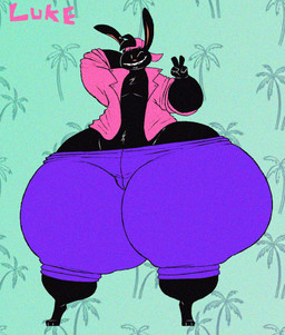 anthro backwards_hat big_butt black_body black_ears black_fur blue_background blue_bottomwear blue_clothing bottom_heavy bottomwear butt clothing fur gesture hand_gesture hat headgear headwear huge_butt hyper hyper_butt long_ears looking_at_viewer male one_eye_closed palm_tree pink_clothing pink_inner_ear pink_topwear plant sharp_teeth simple_background smile solo teeth thick_thighs tight_clothing topwear tree v_sign white_eyes wide_hips wink winking_at_viewer schplingnops luke_(schplingnops) lagomorph leporid mammal rabbit 2025 hi_res