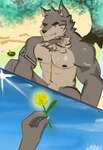 anthro athletic athletic_anthro athletic_male beach body_hair cheek_tuft claws cloud dandelion facial_tuft fangs finger_claws flower green_eyes happy_trail head_tuft light male muscular muscular_anthro muscular_male neck_tuft nipples nude nude_male plant pubes seaside simple_background sky solo sun sunlight teeth tuft wengrongfei far_beyond_the_world_(series) ranok_(far_beyond_the_world) canid canine canis mammal wolf hi_res