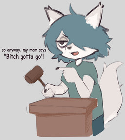 anthro blue_hair clothed clothing dialogue female fur gesture grey_body grey_fur hair hand_gesture multicolored_body multicolored_fur open_mouth pointing profanity shirt simple_background solo text topwear two_tone_body two_tone_fur white_body white_fur hatsumiilkshake tera_(hatsumiilkshake) canid canine canis mammal wolf 2023 english_text