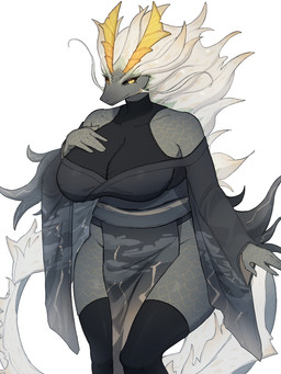 2_horns 5_fingers anthro anthrofied asian_clothing big_breasts biped black_clothing black_legwear black_thigh_highs black_topwear breasts clothed clothed_anthro clothed_female clothing dress east_asian_clothing eyelashes female female_anthro fingers fur grey_body grey_scales grey_sclera hand_on_breast horn humanoid_hands japanese_clothing legwear looking_at_viewer mouth_closed non-mammal_breasts pupils scales sideless_dress simple_background slit_pupils solo standing tail tail_mane thick_thighs thigh_highs three-quarter_view topwear whiskers white_background white_body white_fur white_whiskers yellow_eyes yellow_horn baburusushi capcom monster_hunter mythology amatsu_(mh) elder_dragon 2023 3:4 digital_drawing_(artwork) digital_media_(artwork) hi_res portrait shaded simple_shading three-quarter_portrait
