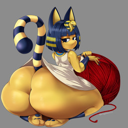 anthro ball_of_yarn big_butt black_hair breasts butt cat_tail clothing exposed_ass female hair headdress huge_butt long_ears looking_at_viewer markings pawpads robe side_boob solo striped_markings striped_tail stripes tail tail_markings yarn yellow_body omegabean animal_crossing nintendo ankha_(animal_crossing) felid feline mammal 1:1 2026 absurd_res hi_res