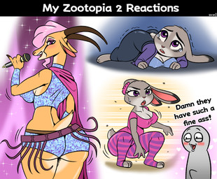 2_horns animal_ears anthro big_breasts big_butt biped bodily_fluids bottomwear breast_squish breasts butt cleavage clothed clothed_female clothing crouching crying dipstick_ears ear_markings electronics eyelashes female fur hair holding_microphone holding_object horn microphone multicolored_body multicolored_ears nipple_outline pattern_bottomwear pattern_clothing pupils purple_eyes scut_tail short_tail smile squish striped_bottomwear striped_clothing stripes sweat tail tears thick_thighs topwear wide_hips daimo disney zootopia gazelle_(zootopia) judy_hopps antelope bovid european_rabbit gazelle lagomorph leporid mammal oryctolagus rabbit thomson's_gazelle true_antelope hi_res