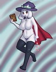 abstract_background anthro big_breasts book breasts camel_toe cape clothed clothing featureless_breasts female hat headgear headwear horn legwear looking_at_viewer open_mouth open_smile red_eyes smile solo thigh_highs thong topless underwear white_body witch_hat myssedakes undertale_(series) toriel boss_monster_(undertale) absurd_res hi_res