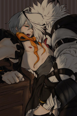 accessory against_object anthro arm_around_waist arm_belt bare_chest black_nose bodily_fluids bottomwear bow_ribbon butler butler_outfit claws clothing clothing_pull duo finger_claws fingerless_gloves foreplay frilly frilly_clothing fur garter garter_straps gloves green_eyes grey_hair hair hair_over_eye handwear holding_partner human_on_anthro interspecies larger_anthro leaning leaning_against_object leaning_backward leg_garter leggings legwear licking licking_another licking_partner light light_beam maid_uniform male male/male muzzle_(object) nipple_fetish nipple_lick nipple_play nipples open_mouth red_tongue risky saliva sharp_teeth size_difference skirt teeth tongue uniform white_body white_fur vaguro mihoyo zenless_zone_zero von_lycaon wise_(zenless_zone_zero) canid canine canis human mammal wolf hi_res