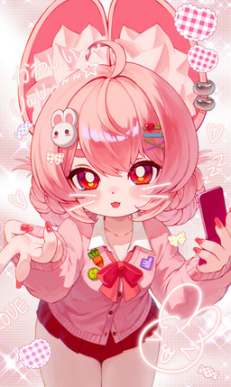 accessory anthro bottomwear bow_tie cardigan clothing collared_shirt colored_nails ear_piercing ear_ring electronics female female_anthro hair hair_accessory nails phone piercing pink_body pink_hair pleated_skirt red_eyes ring_piercing shirt skirt solo sticker text tongue tongue_out topwear young young_anthro young_female yamacho mihoyo zenless_zone_zero zhao_(zenless_zone_zero) lagomorph mammal absurd_res hi_res