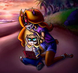 annoyed anthro beach blonde_hair computer duo electronics eyeshadow female female/female fur hair laptop long_hair makeup seaside lady-forever activision crash_bandicoot_(series) coco_bandicoot tawna_bandicoot bandicoot mammal marsupial hi_res