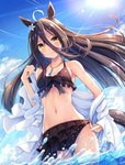 accessory ahoge bikini black_hair breasts clothing female flower flower_in_hair hair hair_accessory jewelry long_hair navel necklace plant sky solo swimwear two-piece_swimsuit water wet yellow_eyes akasiosio cygames uma_musume_pretty_derby manhattan_cafe_(pretty_derby) animal_humanoid equid equid_humanoid equine equine_humanoid horse_humanoid humanoid mammal mammal_humanoid 2023 absurd_res hi_res