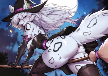 anthro anus areola armwear biped black_clothing blush breasts broom broom_riding butt cleaning_tool clothed clothed_anthro clothed_female clothing elbow_gloves female fingers flirting_look forest forest_background fur genitals gloves hair handwear hat headgear headwear heart_(marking) heart_symbol highlights_(coloring) legwear looking_back magic_user markings mole_(marking) moon multicolored_body nature nature_background night nipples outside plant purple_eyes purple_highlights rear_view sky smile smug smug_face solo spots spotted_body spotted_fur star stockings tail teasing translucent translucent_clothing translucent_legwear translucent_stockings tree vulva witch witch_costume witch_hat shermugi freya_(xaineth) arctic_fox canid canine fox mammal true_fox 2025 digital_drawing_(artwork) digital_media_(artwork) hi_res