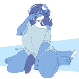 4_toes anthro balls big_breasts big_penis biped blue_body blue_eyes blue_fur blue_hair blue_nose blue_penis blue_skin bodily_fluids breasts clothed clothing curvy_figure dipstick_tail feet flaccid frenum_ladder frenum_piercing fur genital_fluids genital_piercing genitals gynomorph hair intersex kneeling ladder_piercing looking_at_viewer markings multicolored_body multicolored_fur multicolored_tail nipple_outline penis penis_piercing piercing precum solo tail tail_markings thick_thighs tired tired_eyes toes two_tone_body two_tone_fur two_tone_tail voluptuous voluptuous_anthro voluptuous_gynomorph voluptuous_intersex white_body white_fur wide_hips redpixie myrilla canid canine canis domestic_dog mammal 1:1 hi_res signature