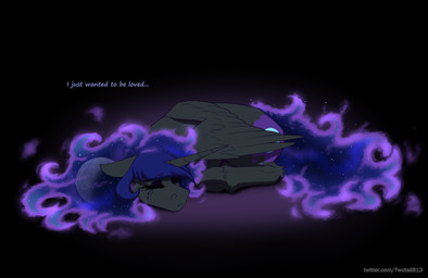 blue_hair blue_tail bodily_fluids crying cutie_mark ethereal_hair ethereal_tail eyebrow_through_hair eyebrows eyeshadow feathered_wings feathers female feral full_moon grey_body hair horn lying makeup moon purple_eyeshadow solo sparkles tail tears text translucent translucent_hair wings twotail813 friendship_is_magic hasbro my_little_pony mythology nightmare_moon_(mlp) equid equine mammal mythological_creature mythological_equine winged_unicorn english_text hi_res url