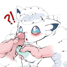 ambiguous_gender bestiality blue_eyes blush blush_lines disembodied_hand disembodied_penis duo feral forced genitals hand_on_paw human_on_feral humanoid_genitalia humanoid_hands humanoid_penis interspecies male male/ambiguous male_on_feral on_model open_mouth oral penis penis_sniffing pokephilia question_mark questionable_consent simple_background sniffing tongue white_background white_body young aka_leopard nintendo pokemon alolan_form alolan_vulpix generation_7_pokemon human mammal pokemon_(species) regional_form_(pokemon) 1:1 absurd_res hi_res