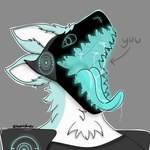 anthro blue_body blue_eyes blue_fur bodily_fluids dripping female fur glowing glowing_throat imminent_vore looking_at_viewer machine mouth_shot open_mouth saliva saliva_drip simple_background slime solo text throat visor white_body white_fur oneluckydeer vhs protogen 1:1 hi_res