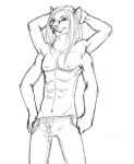 4_arms abs anthro biped bottomwear clothed clothing front_view fur hair hands_behind_head humanoid_hands looking_at_viewer male multi_arm multi_limb navel pants pockets pose simple_background solo standing thumbs_in_pockets topless white_background aureos fayde felid mammal pantherine black_and_white monochrome sketch