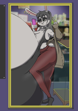anthro big_breasts big_butt black_hair bottomwear breasts butt cellphone clothing coat collar drugs electronics eyewear female footwear green_eyes grey_body hair half-closed_eyes holding_cellphone holding_object holding_phone huge_breasts hyper hyper_breasts marijuana narrowed_eyes pants phone shirt socks solo spiked_collar spikes sunglasses thick_thighs topwear joeblaydesign lagomorph leporid mammal rabbit absurd_res hi_res