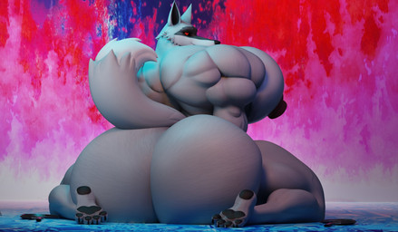 4_toes anthro areola big_butt big_muscles big_pecs biped bubble_butt butt feet fur grey_body grey_fur huge_butt huge_muscles huge_pecs hyper hyper_butt hyper_muscles hyper_pecs looking_back male moobs muscular nipples nude paws pecs rear_view simple_background smile solo thick_thighs toes wide_hips oleanderin valorlynz_(modeler) dreamworks puss_in_boots_(franchise) death_(puss_in_boots) canid canine canis mammal wolf 2024 3d_(artwork) digital_media_(artwork) hi_res