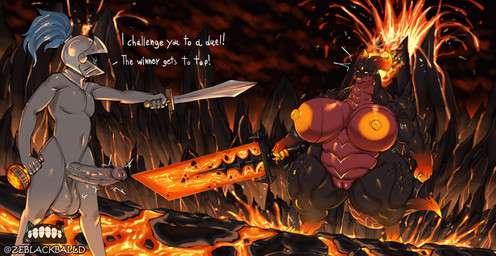 anthro areola armor balls big_balls big_breasts big_penis biped breasts countershade_face countershade_neck countershade_torso countershading duo erection female genitals glans headgear helmet holding_melee_weapon holding_object holding_sword holding_weapon horn human_on_anthro humanoid_genitalia humanoid_penis interspecies lava male male/female melee_weapon nipples penis sword tail text vein veiny_penis vulva weapon ze_blackball.d mythology flagartha_(ze_blackball.d) dragon human mammal mythological_creature mythological_scalie scalie absurd_res english_text hi_res