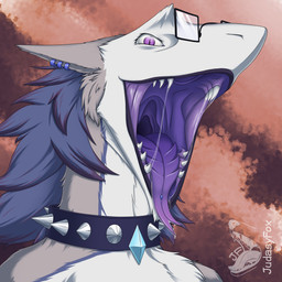 anthro blue_hair bodily_fluids collar ear_piercing eyewear fangs glasses hair male mouth_shot open_mouth piercing purple_eyes saliva saliva_on_tongue saliva_string solo teeth tongue tongue_out tongue_piercing judasyfox sergal 1:1 absurd_res hi_res