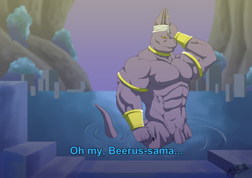 abs anthro armor bath biceps big_muscles biped bracelet claws clothing collar duo ellipsis flaccid fur gauntlets genitals gloves hairless hand_on_head handwear huge_muscles humanoid_genitalia humanoid_penis jewelry looking_at_viewer male muscular muscular_male navel necklace nipples nude offscreen_character orange_eyes orange_sclera outside pecs penis purple_body purple_fur solo standing text vein water yellow_sclera kyuuhari dragon_ball dragon_ball_super beerus domestic_cat felid feline felis hairless_cat mammal sphynx_(cat) 2015 english_text subtitled