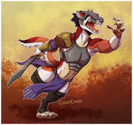 anthro armor border bottomwear claws clothing loincloth male melee_weapon open_mouth pawpads running solo sword weapon white_border chiefcinna mammal mustelid musteline true_musteline weasel hi_res female_(lore)