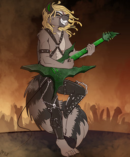 action_pose anthro armlet biped black_bottomwear black_clothing black_markings black_pants blonde_hair bottomwear claws clothed clothing dreadlocks electric_guitar facial_markings fluffy fluffy_tail front_view grin guitar hair harness head_markings holding_guitar holding_musical_instrument holding_object leather leather_bottomwear leather_clothing leather_pants looking_at_viewer male markings mask_(marking) musical_instrument nipple_piercing nipple_ring nipples pants piercing playing_guitar playing_music plucked_string_instrument pose ring_(marking) ring_piercing ringed_tail rocking_out smile solo stage string_instrument striped_markings striped_tail stripes tail tail_markings toe_claws fuf maxwell_(gratitude-advocate) canid canine canis domestic_dog german_shepherd herding_dog hybrid mammal pastoral_dog procyonid raccoon 2019 hi_res