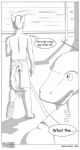 anthro butt canid canine canis clothed clothing comic domestic_dog duo english_text fish forsen greyscale hair hi_res male mammal marine monochrome obeke open_mouth shark speech_bubble tail teeth text topless wardrobe_malfunction