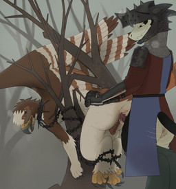against_natural_surface against_surface against_tree anal anal_penetration andromorph andromorph/male andromorph_penetrated anthro anthro_on_anthro anthro_penetrated anthro_penetrating anthro_penetrating_anthro anus armor beak black_chain black_collar black_tail bodily_fluids bottomwear bottomwear_down bound brown_body brown_feathers brown_wings chain chained closed_smile clothed clothed_anthro clothed_male clothing collar detailed_background dominant dominant_anthro dominant_male duo feathered_wings feathers gauntlets genitals gloves green_bottomwear green_clothing green_pants hair handwear headgear helmet humanoid_genitalia humanoid_vulva intersex intersex/male intersex_penetrated knight male male_dominating_andromorph male_penetrating male_penetrating_andromorph male_penetrating_intersex medieval mouth_closed multicolored_beak multicolored_clothing open_beak open_mouth outside pants pants_down partially_clothed penetration penile penile_penetration penile_spines penis penis_in_ass plant sex shoulder_pads smile spiked_chain spiked_collar spikes stuck submissive submissive_andromorph submissive_anthro submissive_intersex sweat tail tan_body tan_feathers tan_hair tree two_tone_beak vulva warrior wings yellow_beak buteoposting mythology accipitrid accipitriform avian bird dragon mythological_creature mythological_scalie scalie 2026 absurd_res hi_res trans_(lore) trans_man_(lore)