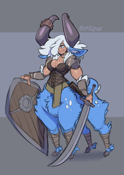 armor big_horn blue_body blue_fur breasts cleavage clothed clothing corset_armor female fur hair hooves horn inner_ear_fluff leather leather_armor long_ears melee_weapon one_eye_obstructed pauldron saddle shield smile solo sword tuft vambrace weapon white_hair huffslove tawnya_(huffslove) deer deer_taur humanoid_taur mammal mammal_taur taur digital_media_(artwork) hi_res gynomorph_(lore)