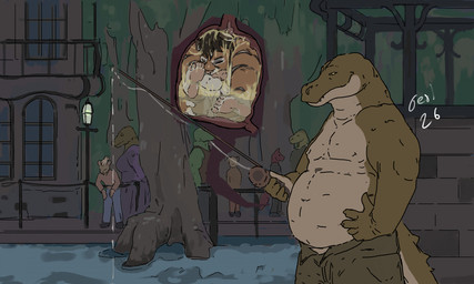 anthro anthro_prey anus balls belly black_body black_fur bottomwear brick brick_building brick_wall brown_hair butt city claws clothed clothing curled_up duo eyes_closed feet fishing fishing_rod forest_background fur genitals green_body green_tail group hair hand_on_hip holding_fishing_rod holding_object humanoid_genitalia humanoid_penis inside_stomach internal larger_pred male male/male male_pred male_prey musclegut muscular navel nipples nude_prey open_bottomwear open_clothing open_pants orange_body orange_fur outside pants penis penis_against_cheek perineum pink_anus pink_penis plant sharp_teeth size_difference smile standing street_lamp striped_body striped_fur stripes swamp tail teeth tree vore wall_(structure) water white_balls white_body white_fur white_perineum willing_pred window jeri_kleinlowe alligator alligatorid crocodilian felid mammal pantherine reptile scalie tiger 2026 colored hi_res signature
