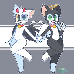 2_horns 3_toes 4_fingers anthro bell bell_collar black_body black_eyebrows black_fur closed_smile clothing collar costume dipstick_tail duo eyebrows eyelashes feathered_wings feathers feet female femboy fingers fur gesture gloves_(marking) green_eyes green_text grey_background halo hand_gesture hand_holding heterochromia horn logo looking_at_viewer male markings membrane_(anatomy) membranous_wings mouth_closed multicolored_body multicolored_fur navel on_one_leg open_mouth open_smile pink_collar pink_inner_ear pink_nose raised_eyebrows red_collar red_horn simple_background smile standing tail tail_markings text toes v_sign white_body white_feet white_fur white_hands wings aiyhav_nouneim meloncholy_(aiyhav_nouneim) neko_obama_(aiyhav_nouneim) domestic_cat felid feline felis mammal 1:1 2022 artist_logo artist_name