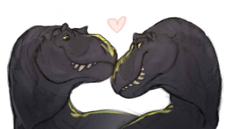 ambiguous_gender big_teeth black_body duo eye_contact feral heart_symbol intraspecies looking_at_another markings nude simple_background smile smiling_at_another smiling_at_each_other white_background yellow_eyes yellow_markings skific dinosaur prehistoric_species reptile saurischian scalie theropod tyrannosaurid tyrannosauroid tyrannosaurus colored colored_sketch digital_drawing_(artwork) digital_media_(artwork) shaded sketch