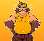 ahoge ambiguous_gender anthro belly brown_body brown_fur brown_hair clothing fur green_hair hair hat headgear headwear male muscular party_hat shirt solo top-wear topwear yellow_clothing yellow_shirt yellow_topwear dynogreeno tonygamerpro197 canid canine mammal hi_res