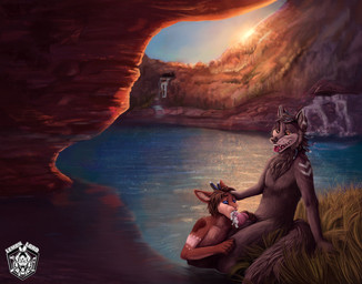 animal_genitalia anthro anthro_on_anthro athletic blue_eyes bodily_fluids breath brown_body brown_fur cave cum cum_on_face cum_on_penis cum_on_self detailed_background dominant duo ejaculation erection evening feathers feet fellatio forest fur genital_fluids genitals grass grey_body grey_fur hair jewelry knot lake larger_dom licking love male male/male male_penetrated male_penetrating markings mountain nature nude oral outside panting penetration penile penis plant predator/prey romantic sex size_difference smile spots sunset swimming tail teeth toes tongue tongue_out tree tribal tribal_jewelry water waterfall lemonlordvenom aldi_foristell torak canid canine canis lagomorph leporid mammal rabbit wolf absurd_res digital_drawing_(artwork) digital_media_(artwork) hi_res signature