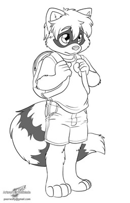 4_toes 5_fingers anthro backpack barefoot big_eyes biped bottomwear clothed clothing facial_markings feet fingers fully_clothed fur hair head_markings male markings mask_(marking) shirt short_hair shorts simple_background solo standing stripes t-shirt tail text toes topwear white_background young young_anthro young_male wolfblade collin_conway mammal procyonid raccoon greyscale monochrome url