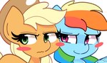 blonde_hair blue_body blush clothing cowboy_hat duo feathered_wings feathers female feral green_eyes hair hat headgear headwear multicolored_hair orange_body purple_eyes quadruped rainbow_hair simple_background white_background wings kindakismet friendship_is_magic hasbro my_little_pony mythology applejack_(mlp) rainbow_dash_(mlp) earth_pony equid equine horse mammal mythological_creature mythological_equine pegasus pony 2021 hi_res