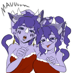 3_horns 5_fingers anthro bare_shoulders big_breasts blush blush_lines bone_frill breasts cartoon_freckles cleavage clothed clothing dress duo ear_piercing ear_ring eyelashes eyeshadow facial_horn fake_cat_ears fake_ears fake_tail female fingers freckled_face freckles frill_(anatomy) front_view hair hoop_ear_ring horn long_eyelashes looking_at_viewer makeup multi_horn nose_horn open_mouth piercing purple_body purple_eyes purple_eyeshadow purple_hair purple_scales red_clothing red_dress ring_piercing scales simple_background strapless_clothing strapless_dress tongue tongue_out white_background third-party_edit yonstar_studios cavemanon_studios goodbye_volcano_high ko_op_(game_developer) snoot_game sera_(snoot_game) trish_(gvh) ceratopsian ceratopsid chasmosaurine dinosaur marginocephalian ornithischian prehistoric_species reptile scalie triceratops 1:1 2024 color_edit colored hi_res daughter_(lore) mother_(lore) mother_and_child_(lore) mother_and_daughter_(lore) parent_(lore) parent_and_child_(lore) parent_and_daughter_(lore)