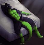 abs animal_genitalia anthro bed big_penis biped black_body black_penis black_scales claws erection furniture genital_slit genitals gloves_(marking) green_body green_eyes green_scales hand_behind_head horn leg_markings looking_at_viewer lying male markings muscular muscular_anthro muscular_male nude on_back pecs penis presenting scales socks_(marking) solo tail toe_claws pig_(artist) mythology tegon_(dsc85) dragon mythological_creature mythological_scalie scalie 2013