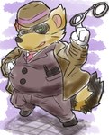 anthro belly big_belly bottomwear brown_body clothing cuff_(restraint) green_eyes handcuffs hat headgear headwear kemono male metal_cuffs necktie overweight overweight_male pants restraints shirt solo topwear prototendon sengoku_puzzle tokugawa_ieyasu canid canine mammal raccoon_dog tanuki 2022 hi_res