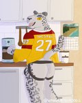 absurd_res anthro appliance athletic athletic_anthro athletic_male athletic_wear beverage bottomwear bulge butt calendar clothed clothing clothing_lift coffee coffee_maker container cup cutlery detailed_background felid fur hi_res hockey_jersey holding_object inside jar jersey jockstrap kitchen kitchen_appliance kitchen_counter kitchen_utensils looking_at_viewer looking_back male mammal markings number number_on_jersey open_mouth open_smile pantherine presenting presenting_hindquarters print_clothing print_topwear raised_tail scooter_(wannabeyourdog2) shirt smile snow_leopard solo spoon spots spotted_body spotted_fur story story_in_description tail teeth thick_thighs tongue tools topwear underwear wall_(structure) wannabeyourdog2 yellow_eyes