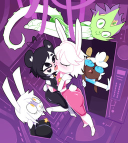 5_fingers against_surface against_wall ahoge anthro badge being_watched big_butt black_bodysuit black_clothing black_eyebrows black_skinsuit blank_stare blue_bodysuit blue_clothing blue_eyewear blue_glasses blue_skinsuit blush blush_lines bodysuit boots breasts butt clothed clothed_anthro clothed_female clothed_male clothing crown detailed_background disgust doorway entangled eyebrows eyelashes eyes_closed eyewear female female/female fingers footwear french_kissing frowning_at_another fully_clothed fully_clothed_anthro fully_clothed_female fully_clothed_male fur glasses gloves green_body green_bodysuit green_clothing green_eyes green_skin green_skinsuit grin group hair hand_on_shoulder handwear headgear heart_(marking) heart_symbol high-angle_view horn hug kissing lifting_partner long_ears long_tail looking_at_another looking_pleasured male markings pink_bodysuit pink_clothing pink_skinsuit purple_background purple_hair round_tail science_fiction scut_tail shoes short_tail simple_background skinsuit small_breasts smile spiked_tail spikes spikes_(anatomy) suspension tail tiara tight_clothing white_body white_boots white_clothing white_footwear white_fur white_gloves white_hair white_handwear white_inner_ear white_tail yellow_eyes yellow_nose miscon kenny_(kenashcorp) kuro_(miscon) midori_(miscon) pinku_(miscon) raito_buru_(miscon) bear bovid caprine giant_panda lagomorph leporid lizard mammal rabbit reptile scalie absurd_res hi_res