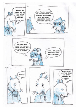 anthro biped clothed clothing dialogue duo female fur hair male male/female simple_background speech_bubble text bedupolker mariella_mazatzal rusty_reavis cricetid deer_mouse mammal mouse murid murine rodent comic english_text hi_res trans_(lore) trans_man_(lore)