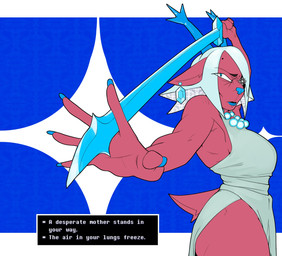 anthro blue_eyes clothing dress ear_piercing ear_ring female horn katana looking_at_viewer mature_female melee_weapon piercing ring_piercing solo sword text weapon doomcogs deltarune undertale_(series) carol_holiday deer mammal new_world_deer reindeer absurd_res english_text hi_res