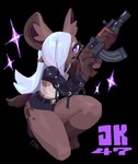 4_fingers anthro black_background bottomwear brown_body brown_fur brown_tail clothed clothed_anthro clothed_female clothing feet female fingers front_view fully_clothed fully_clothed_anthro fully_clothed_female fur gun hair holding_gun holding_object holding_ranged_weapon holding_weapon long_hair looking_at_viewer purple_eyes ranged_weapon simple_background solo tail toes topwear weapon white_hair el-k jk_(el-k) hyena mammal 2025 absurd_res digital_media_(artwork) hi_res