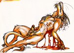 anthro balls blood bodily_fluids chest_tuft claws curled_hair digitigrade erection facial_hair finger_claws genitals goatee gore gore_focus hair hooves horn humanoid_genitalia humanoid_penis knee_tuft leg_tuft long_hair male masochism neck_tuft penis reclining sharp_teeth simple_background slit_wrist smile solo suicide tail tail_tuft teeth tuft unusual_blood unusual_bodily_fluids whiskers white_background wounded jacqal iowa_(jacqal) bovid caprine dryad goat mammal 2021 hi_res marker_(artwork) traditional_media_(artwork) trans_(lore) trans_man_(lore)