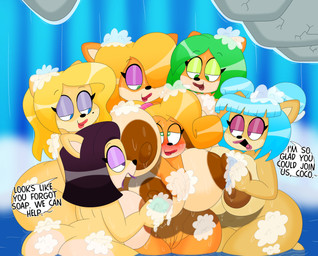 accessory anthro areola bathing big_areola big_breasts big_butt blonde_hair blue_eyes blue_hair blush bob_cut breasts brown_body brown_fur bubble_butt butt curvy_figure dialogue double_bun eyelashes eyeshadow female female/female fur green_eyes green_eyeshadow green_hair group hair hair_accessory hair_bun hair_over_eye hair_tie heart_eyes heart_symbol huge_areola huge_breasts huge_butt huge_hips huge_thighs lipstick long_hair makeup markings mole_(marking) multicolored_body multicolored_fur nipples nude nude_anthro nude_female open_mouth open_smile orange_body orange_fur partially_submerged pink_eyeshadow pink_lipstick purple_eyes purple_eyeshadow purple_hair purple_lipstick red_lipstick short_hair showering showering_together smile soap_bar suds tan_body tan_fur text thick_thighs two_tone_body two_tone_fur voluptuous voluptuous_anthro voluptuous_female washing_partner water waterfall wet wet_body wet_fur wide_hipped_anthro wide_hipped_female wide_hips 3barts activision crash_bandicoot_(series) crash_team_racing_(series) crash_team_racing_nitro-fueled ami_bandicoot coco_bandicoot isabella_bandicoot liz_bandicoot megumi_bandicoot nitro_squad tawna_bandicoot bandicoot mammal marsupial 2025 absurd_res digital_drawing_(artwork) digital_media_(artwork) english_text hi_res
